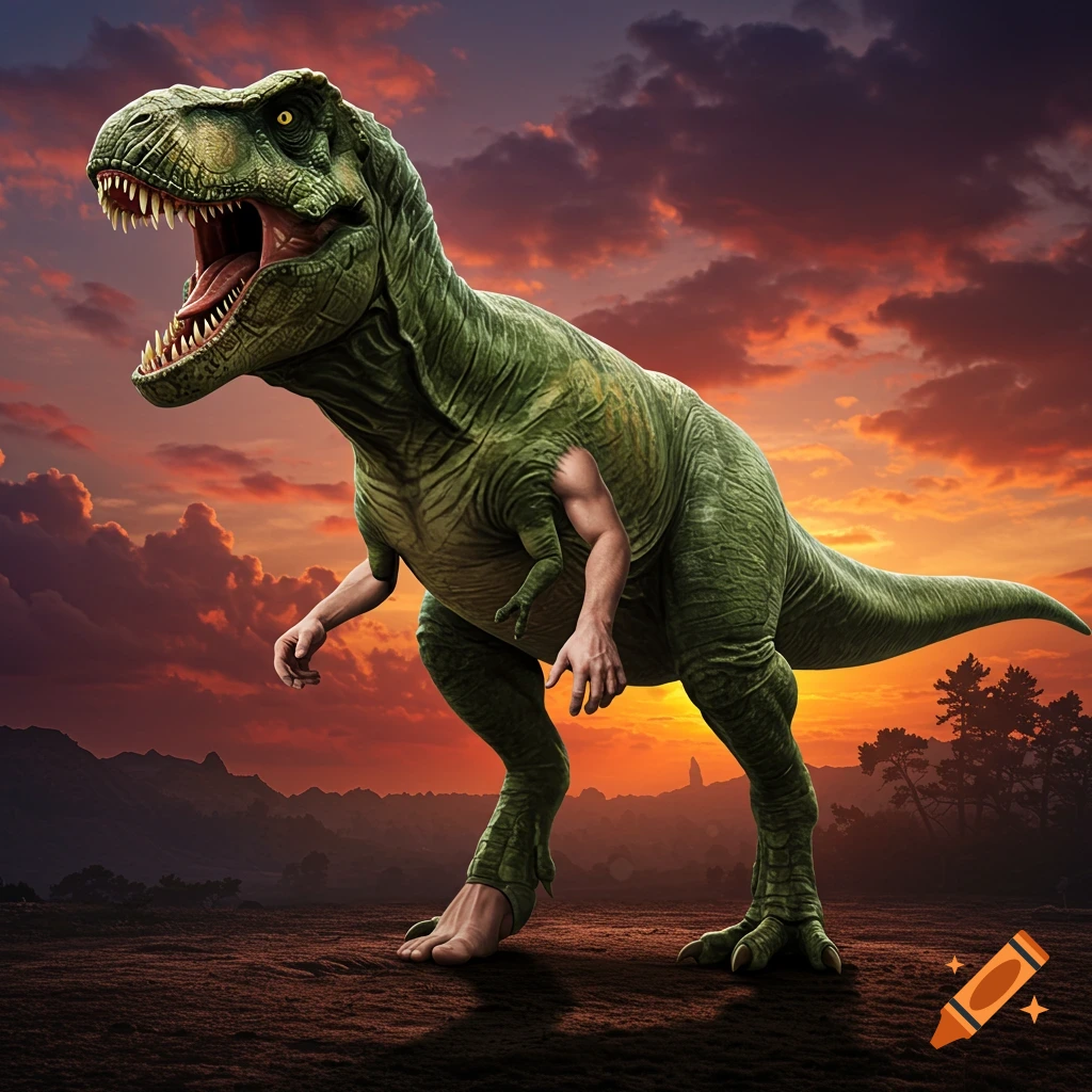 A T-Rex dinosaur with human arms and feet stands at sunset.