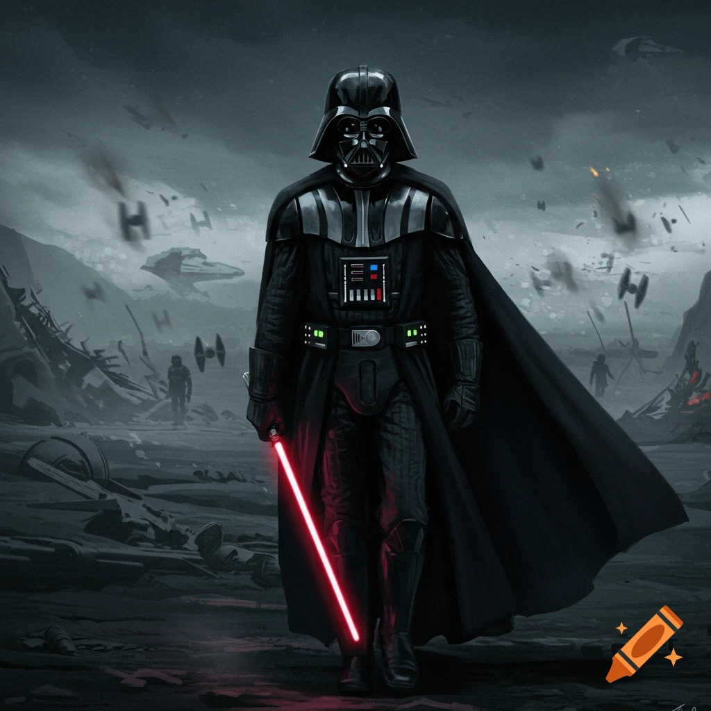 Darth Vader on a desolate battlefield holding a red lightsaber