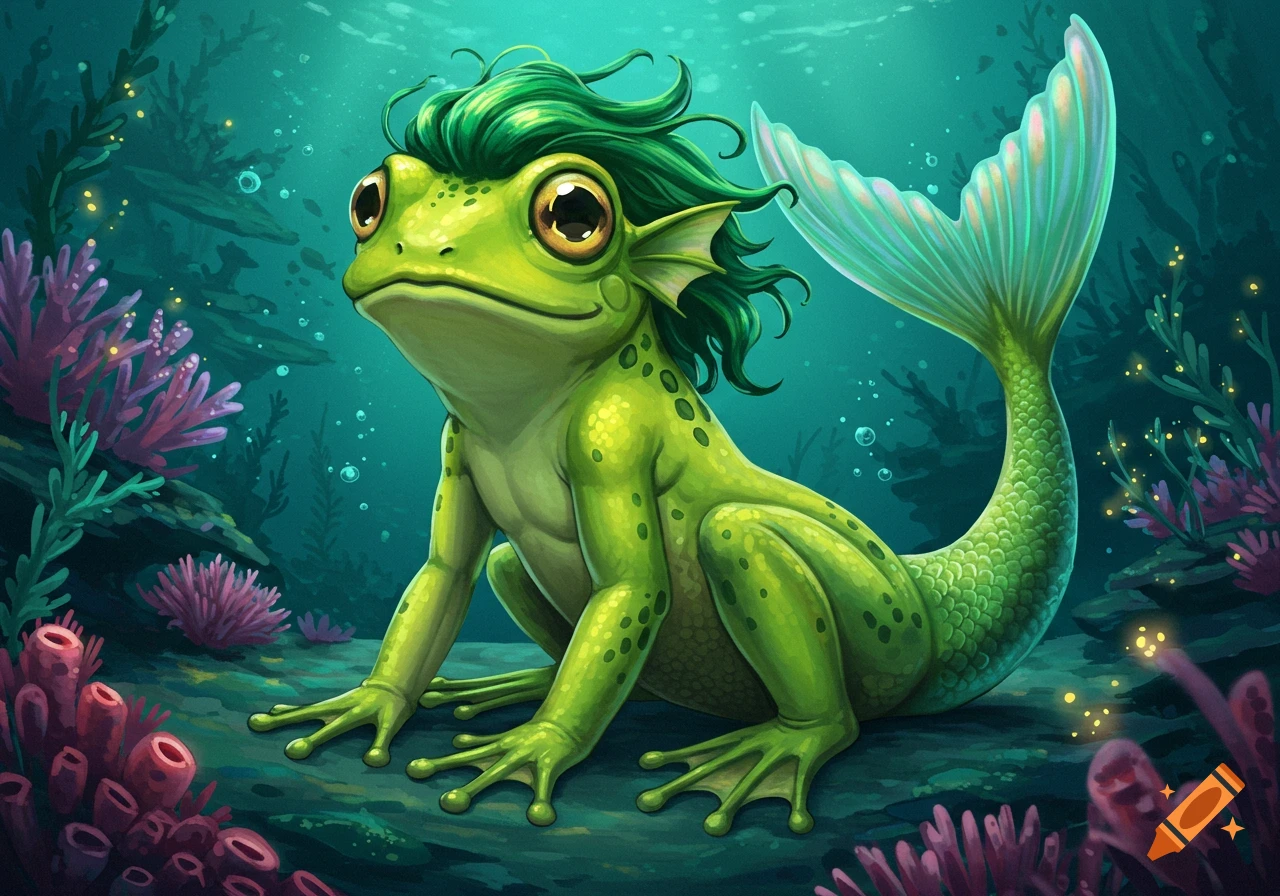 A green frog-mermaid creature with green hair sits on a rock underwater surrounded by colorful corals.