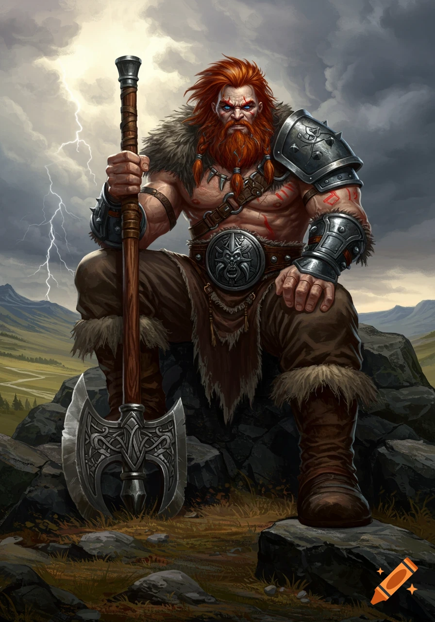 A muscular barbarian with a great axe sitting on a rock under stormy skies.