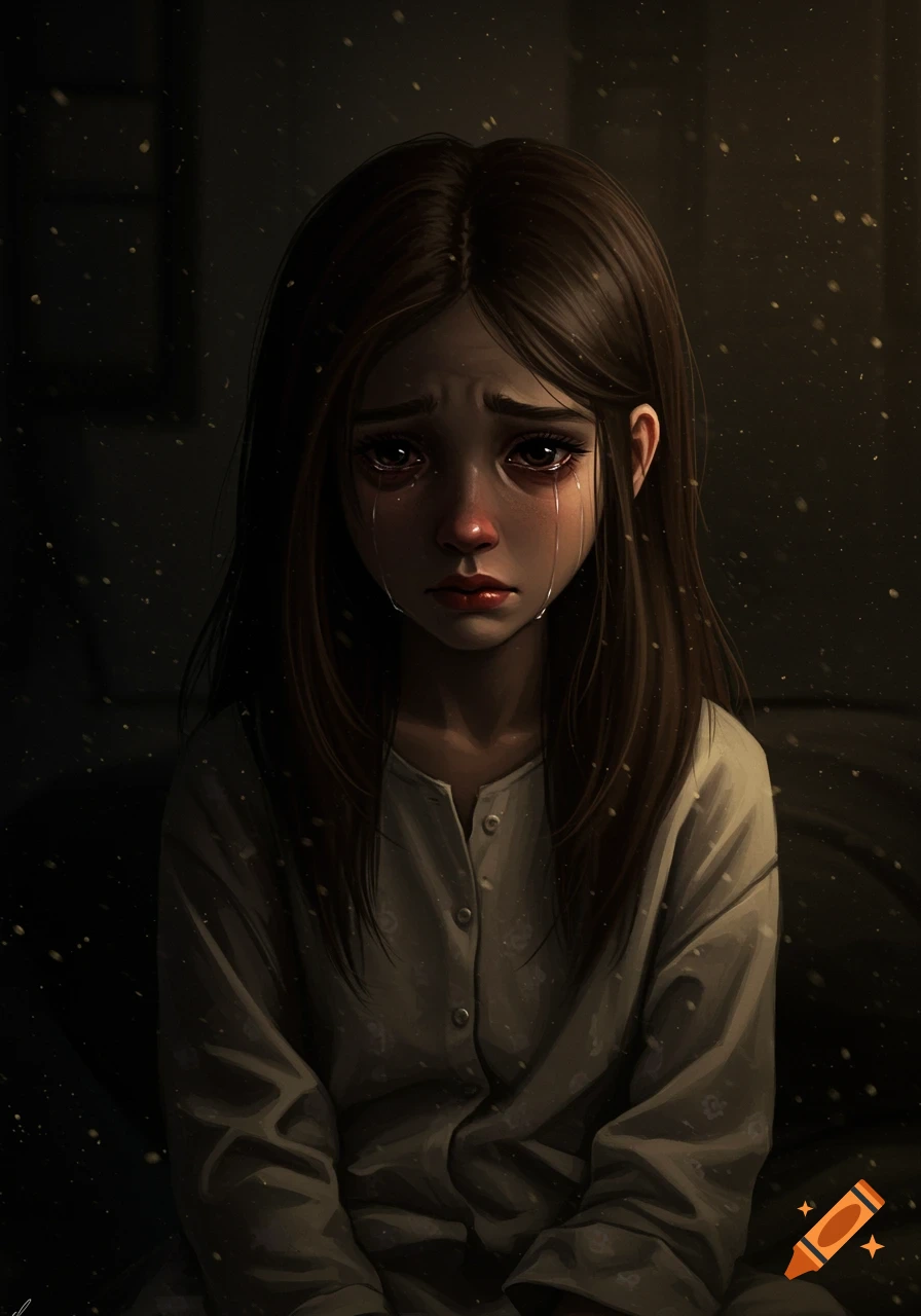 A young girl with long brown hair cries in a dimly lit room.