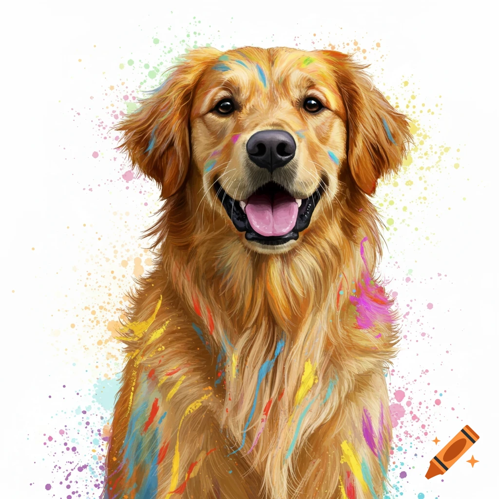 A golden retriever is covered in colorful paint splashes