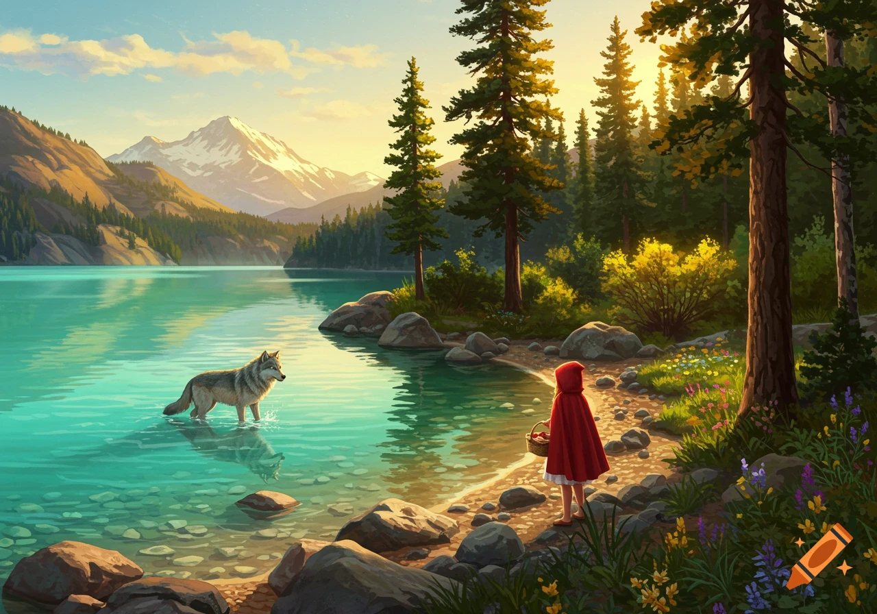 Little Red Riding Hood meets a wolf by a lake with mountains and forest.