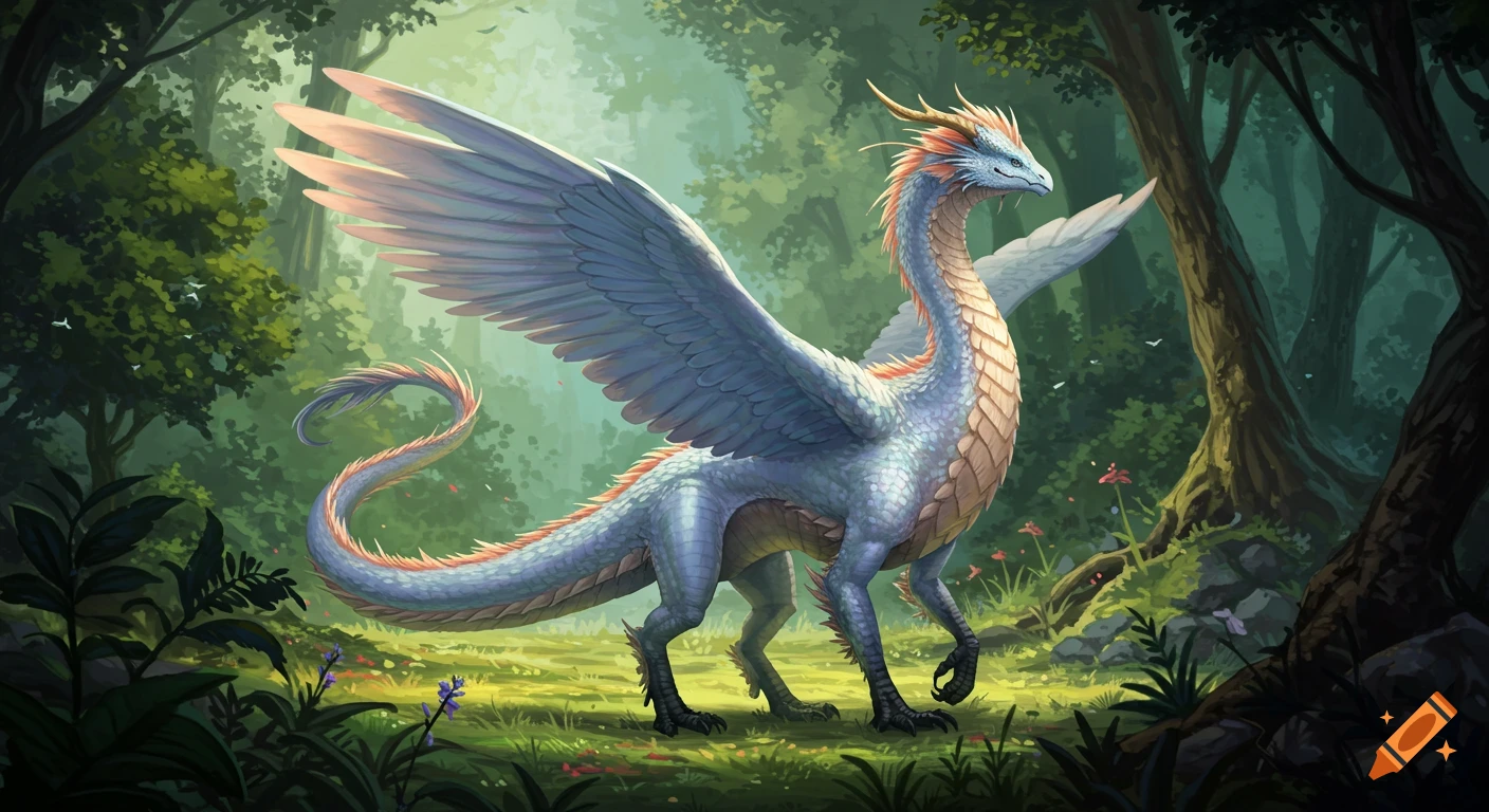 A light blue fantasy dragon with feathered wings stands in a lush forest.