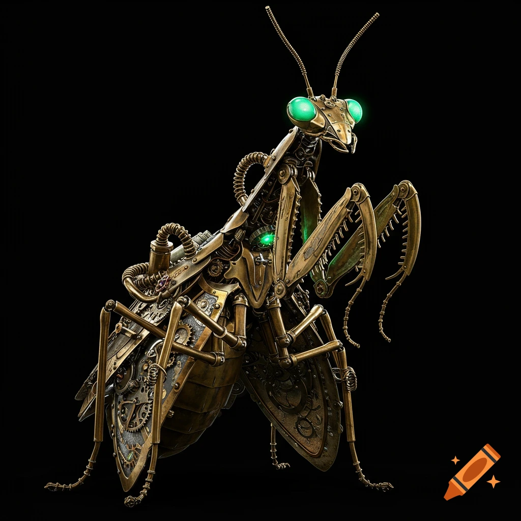 A detailed steampunk metal praying mantis with glowing green eyes on a black background.
