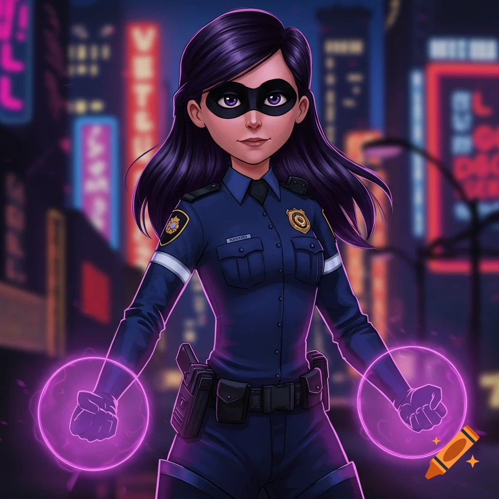 Cartoon girl in police uniform with mask and purple energy circles in a city street at night.