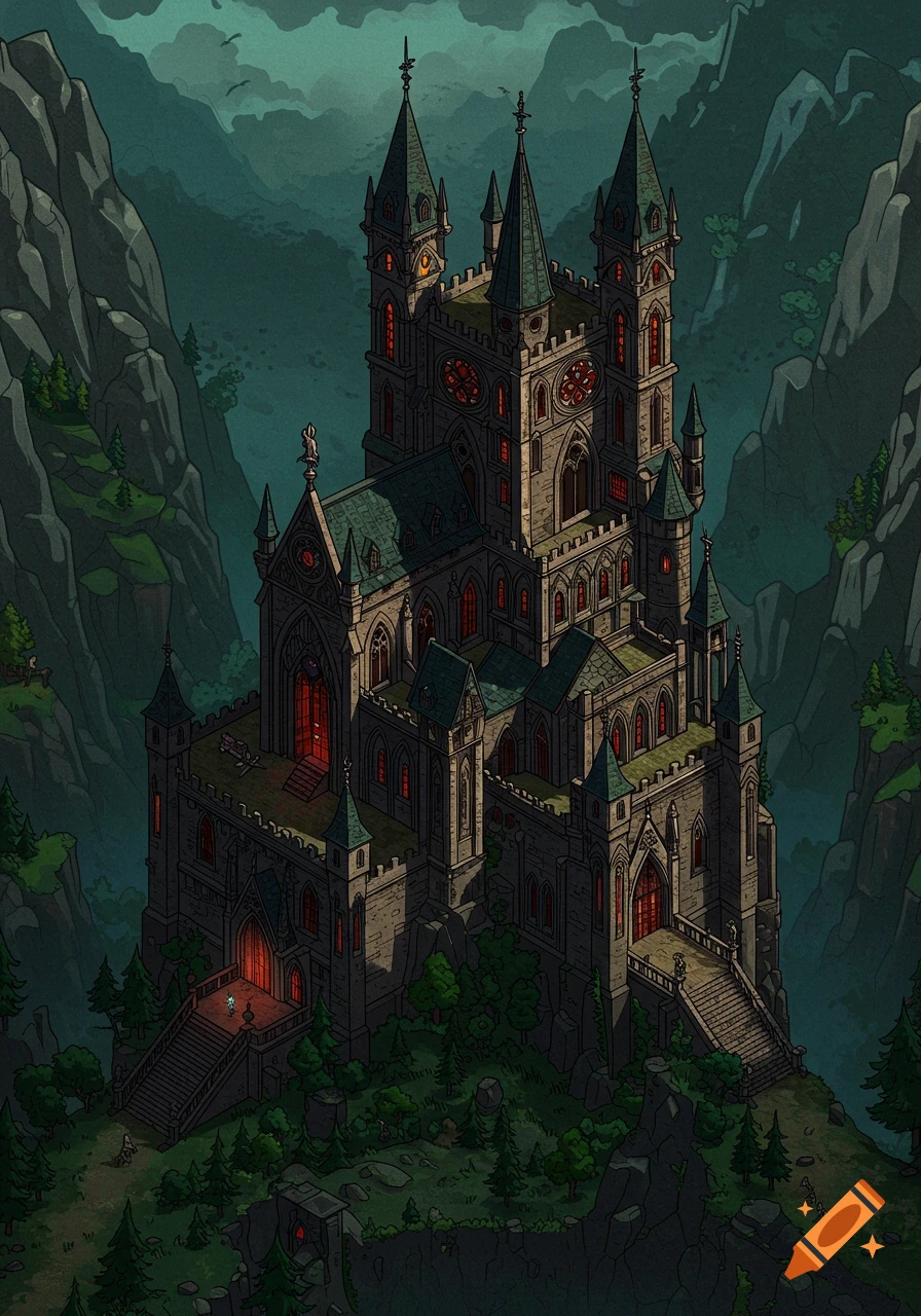 Isometric dark fantasy castle in a mountain valley