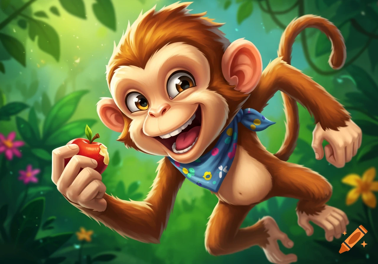 A cute cartoon monkey holds up a red apple in a bright green jungle.