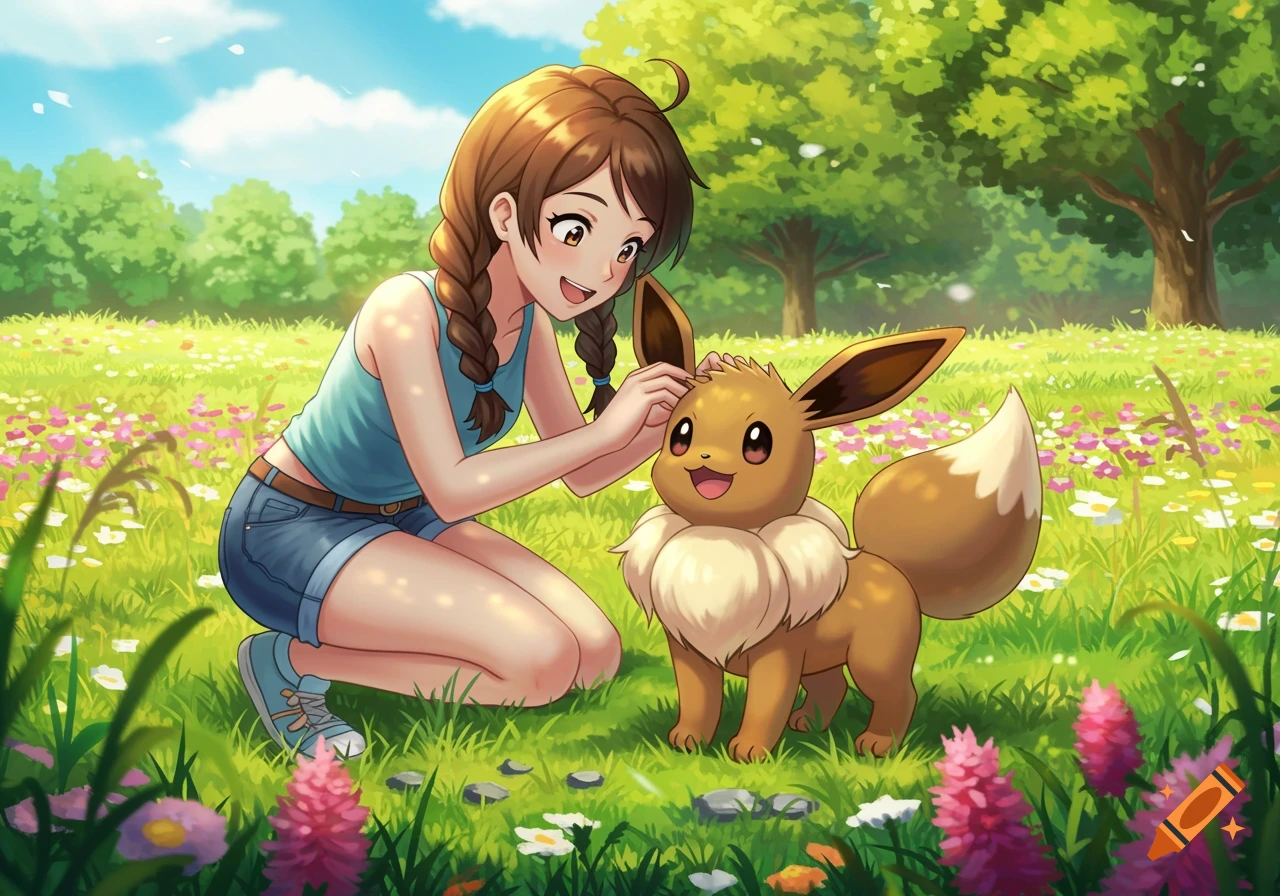 A young woman with braids kneels in a flower-filled meadow, gently petting a smiling Eevee. Illustrated style.