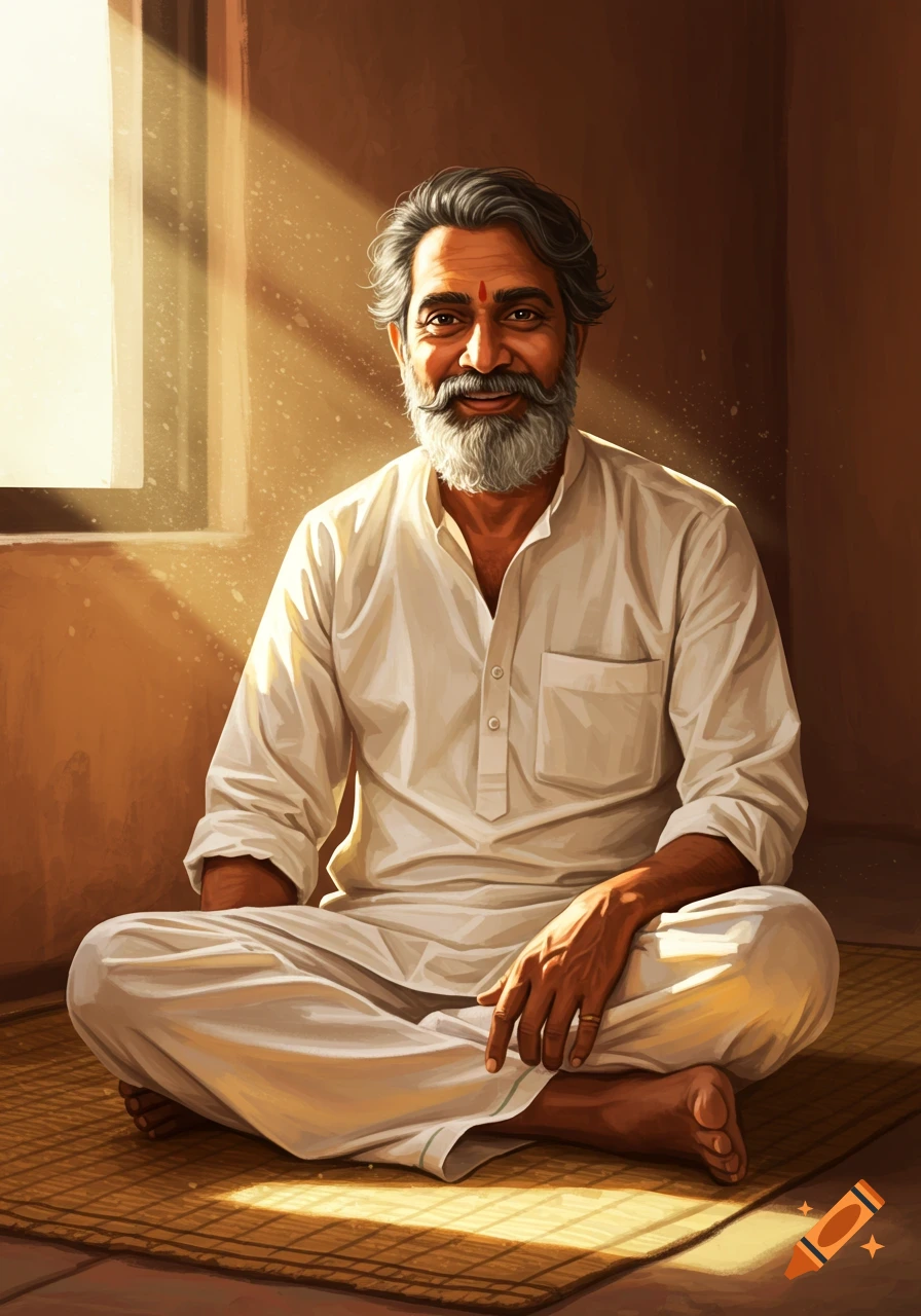 An older Indian man sitting cross-legged in sunlight.