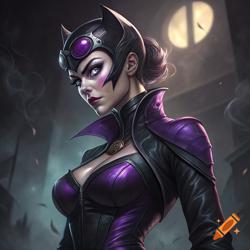 A portrait of a super villainess in a black and purple suit with a cat-like mask.