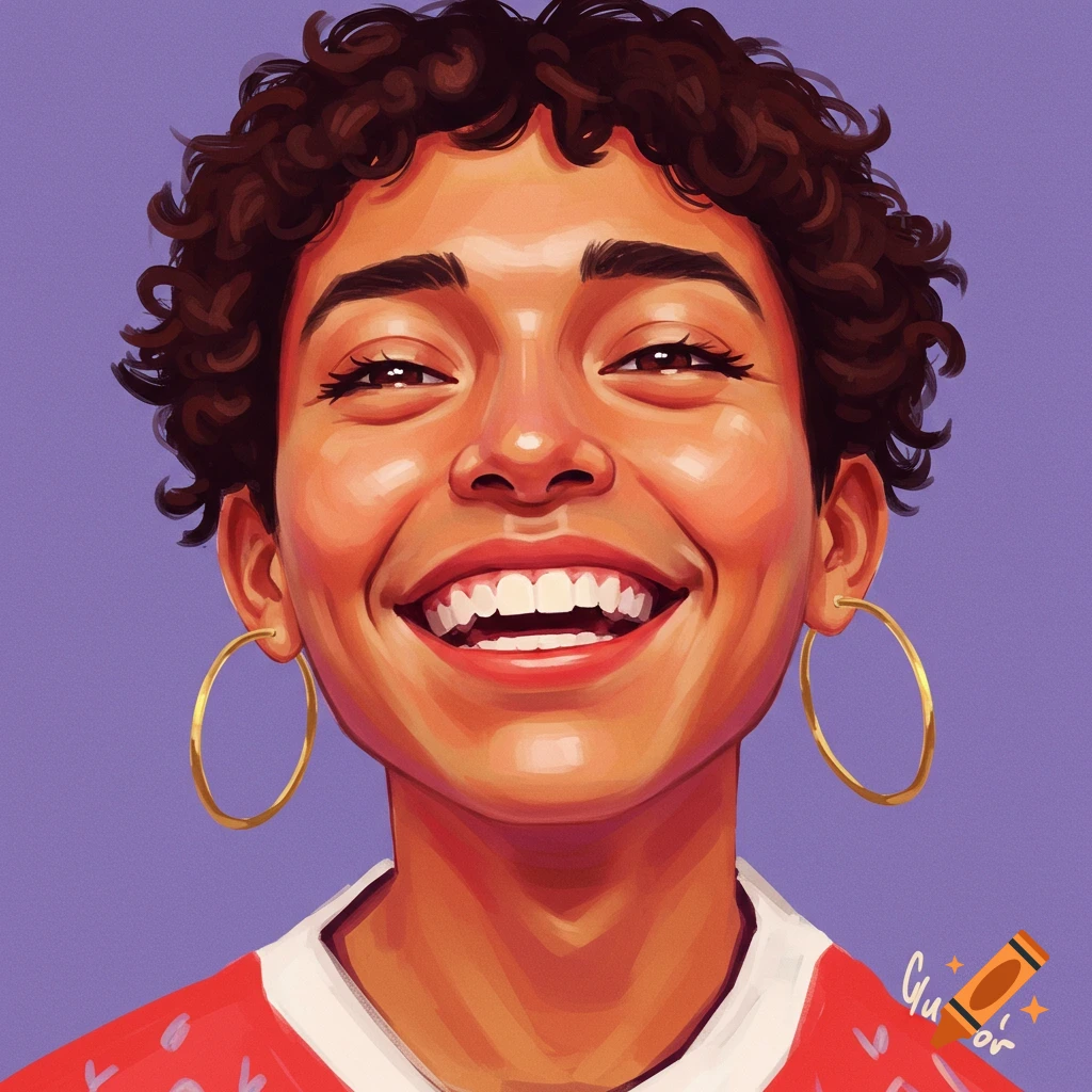 A person with short curly hair and gold hoop earrings is smiling broadly.