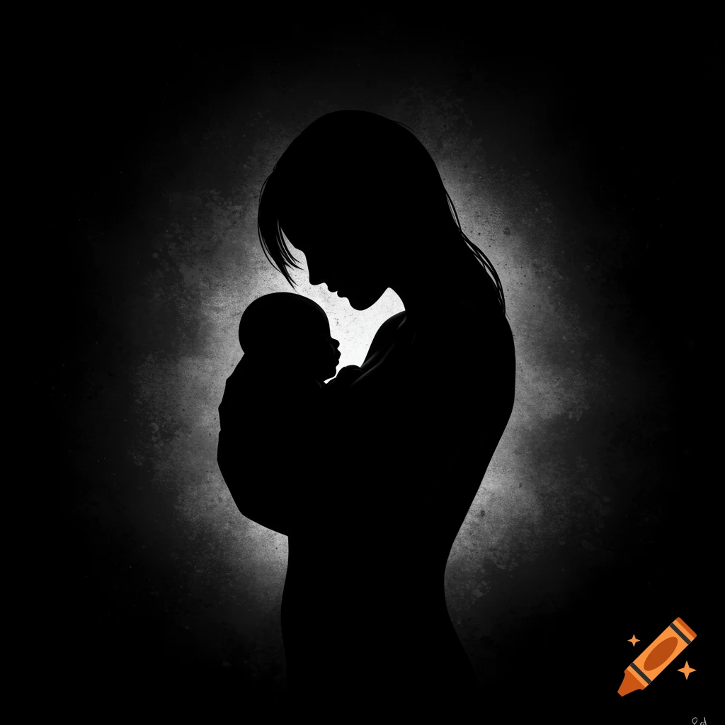 Black and white silhouette of a mother holding her newborn baby with dramatic backlighting against a dark, textured background.