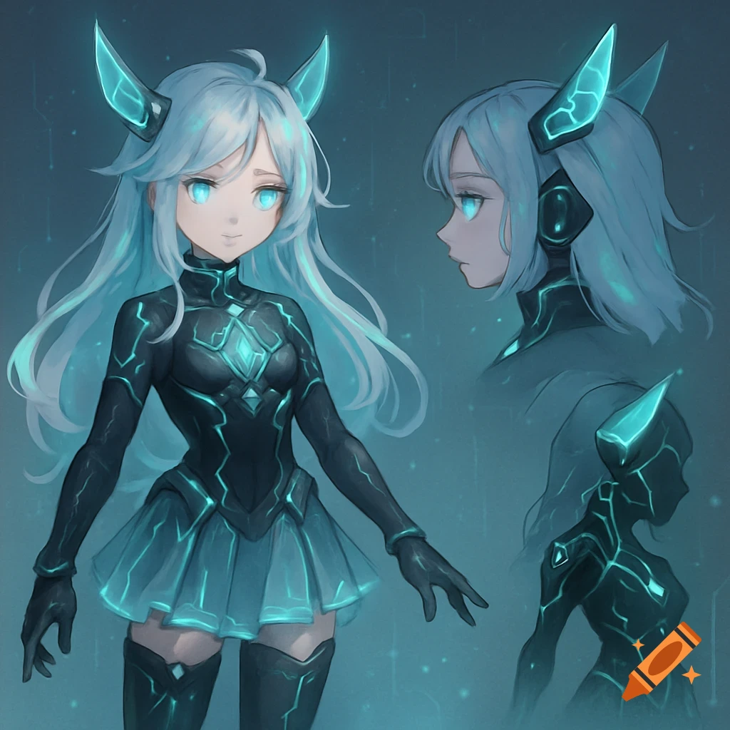 Anime style reference sheet of a cyber fantasy girl with glowing blue accents.