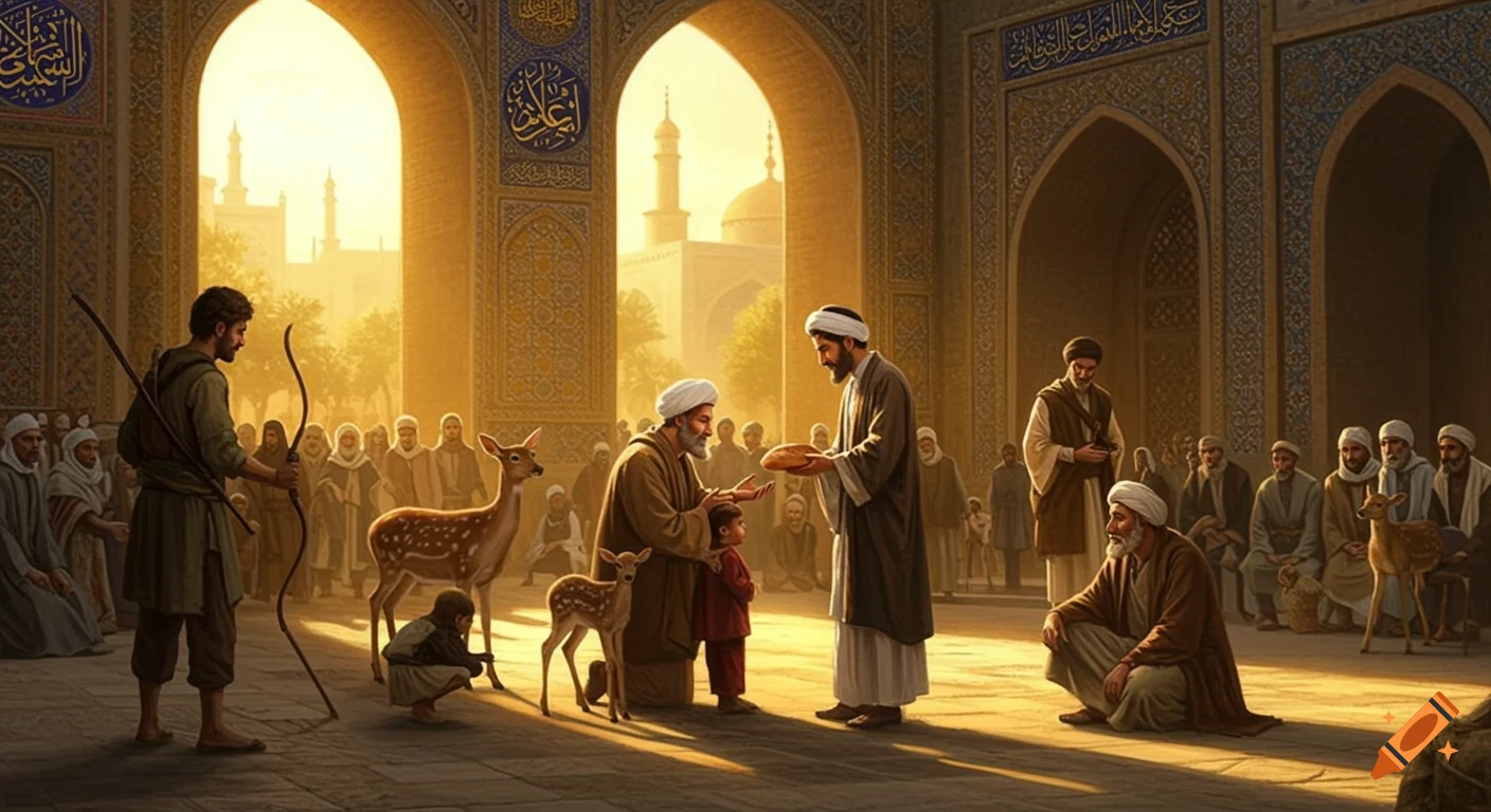 A historical religious scene with people, deer, and intricate Islamic architecture bathed in golden light.