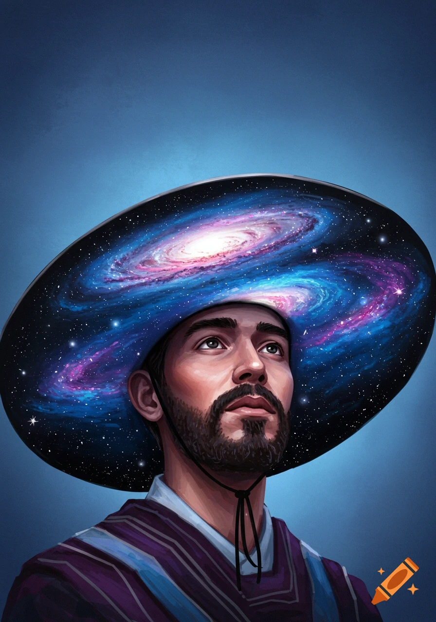 Painting of a man wearing a sombrero-style hat filled with a galaxy.