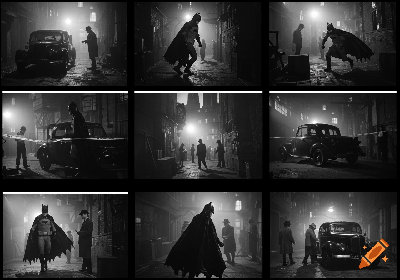 Nine black and white panels showing Batman in 1940s film noir style scenes with cars and alleys.