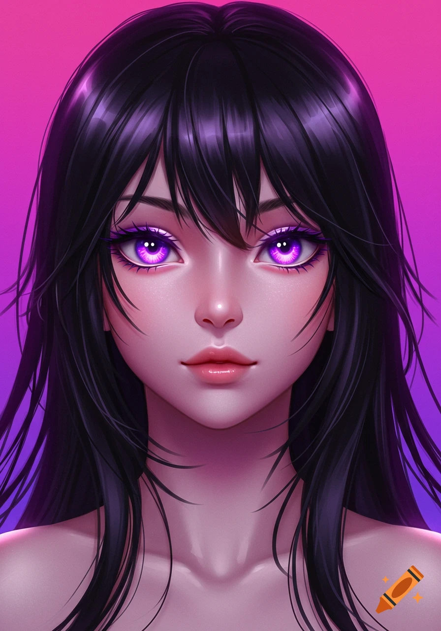 Anime portrait of a girl with black hair and purple eyes
