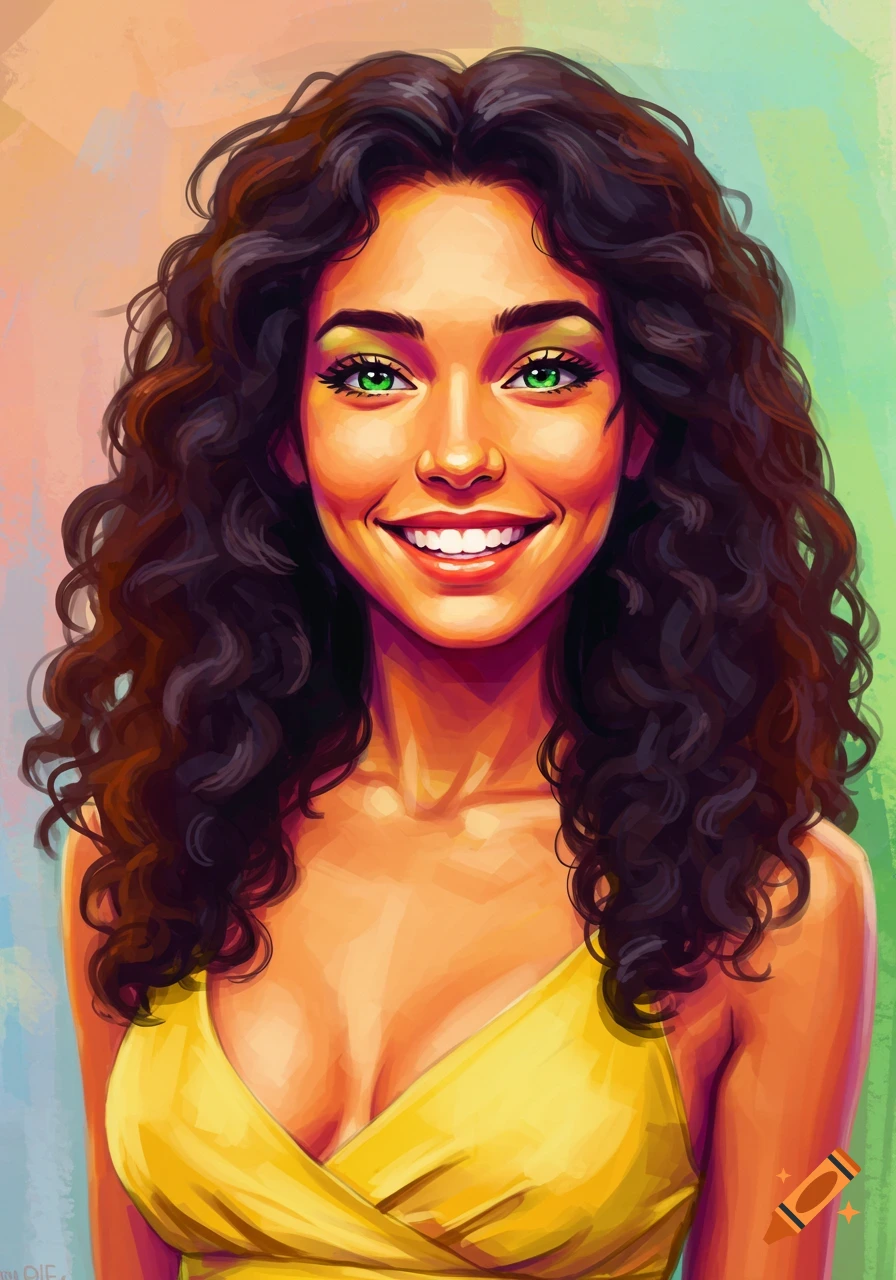 A smiling woman with long curly brown hair and green eyes is wearing a yellow dress.