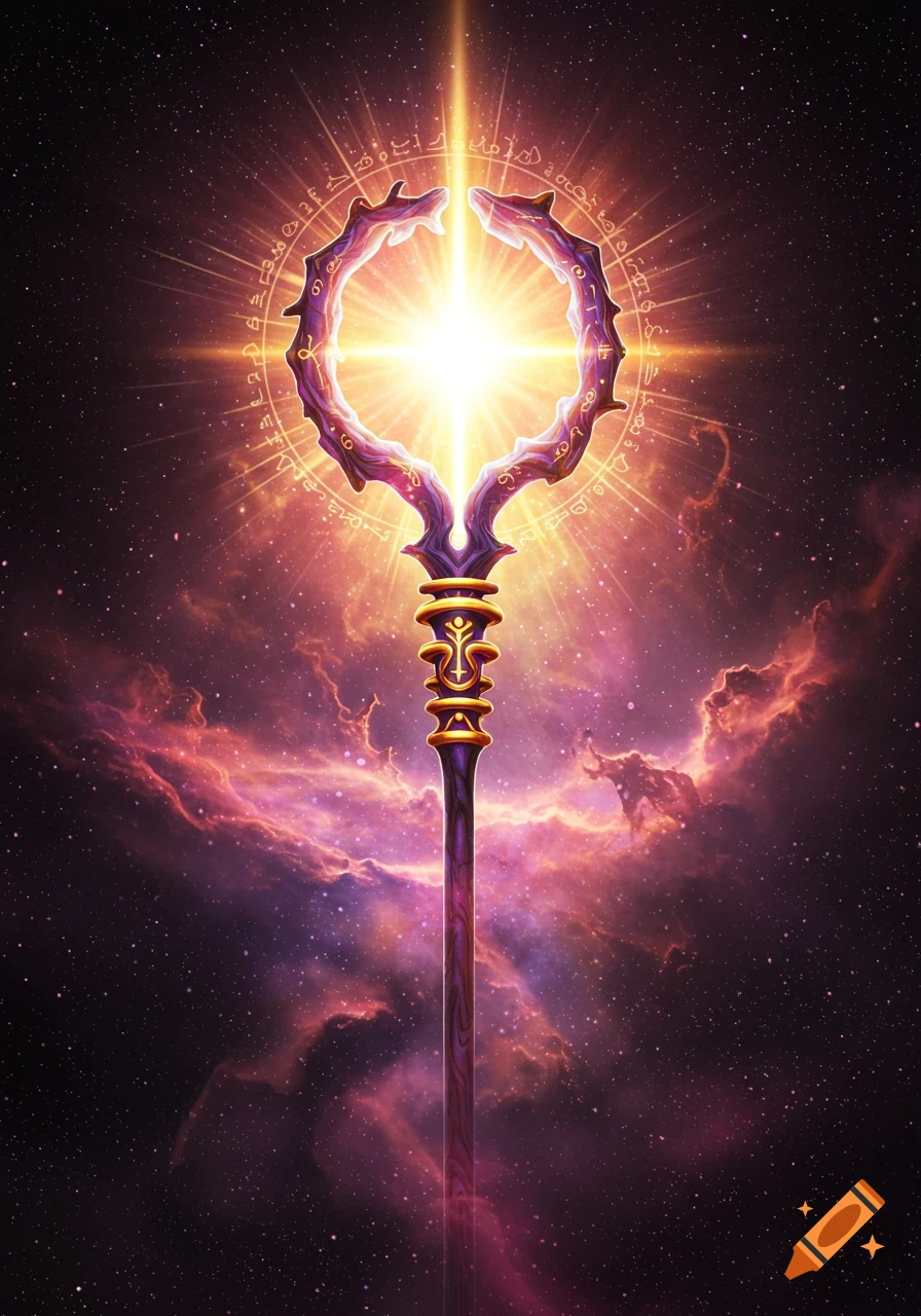 A sacred staff radiating light in space against a nebula background.