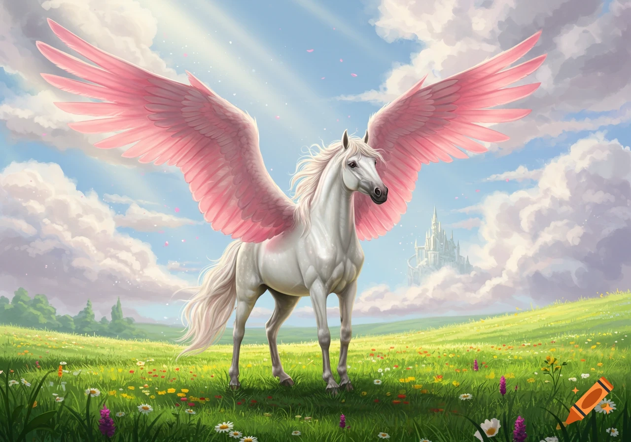 A white pegasus with pink wings stands in a field of flowers, with a castle in the background.