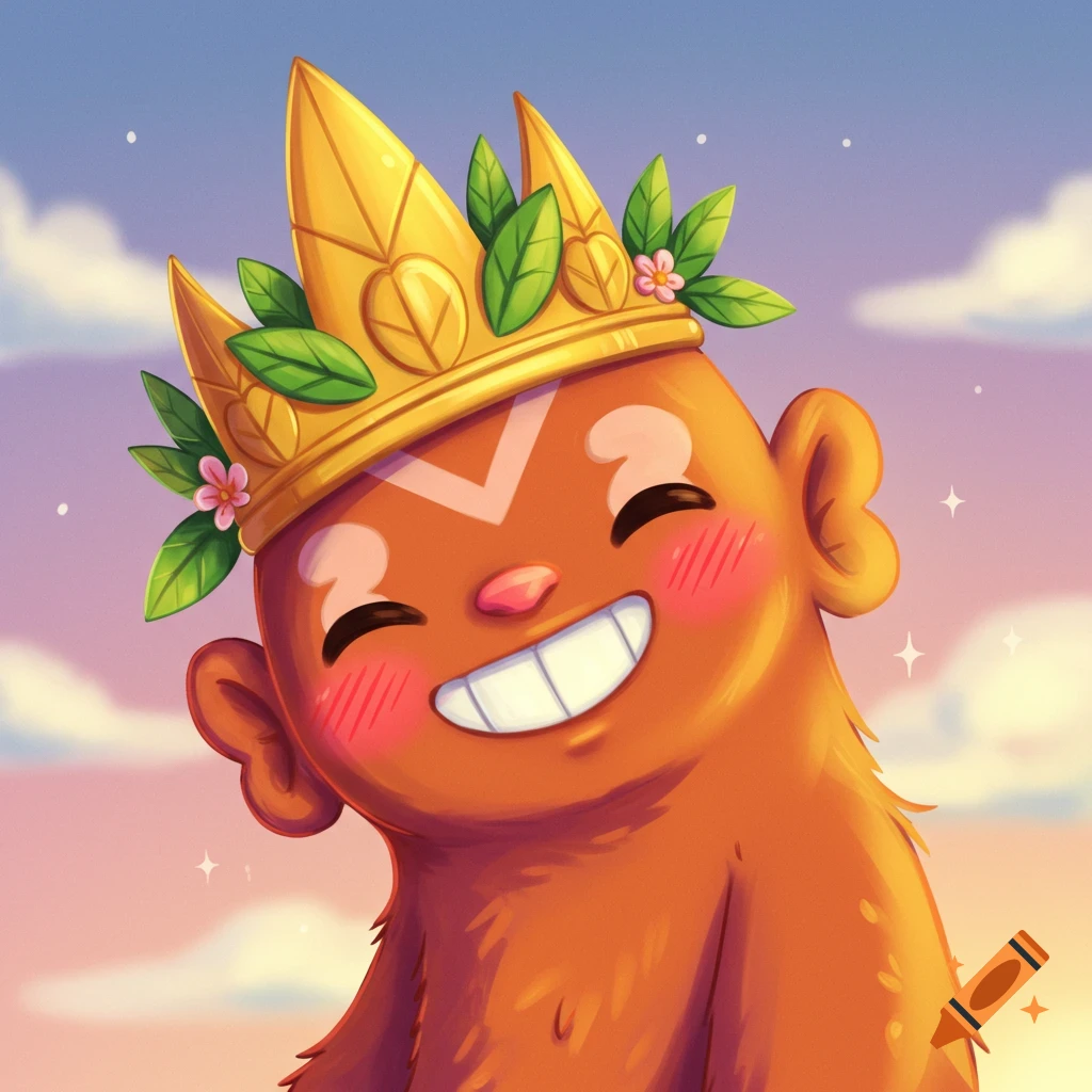 A smiling orange cartoon creature wearing a golden crown with leaves