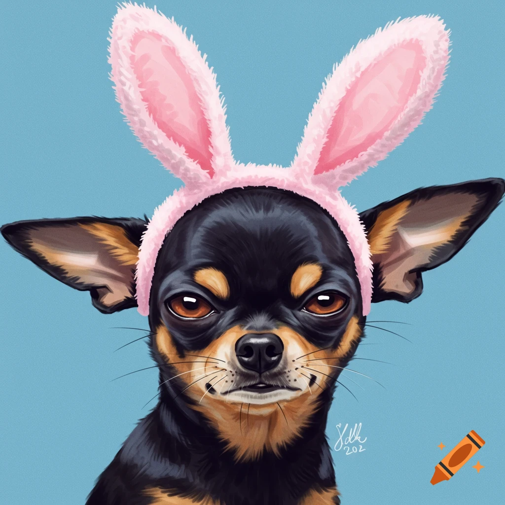 A black and brown Chihuahua wearing pink bunny ears against a blue background.