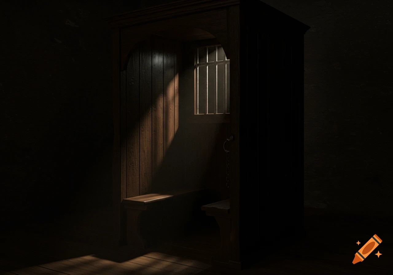 A dark, empty confessional booth with sunlight streaming through a small barred window.