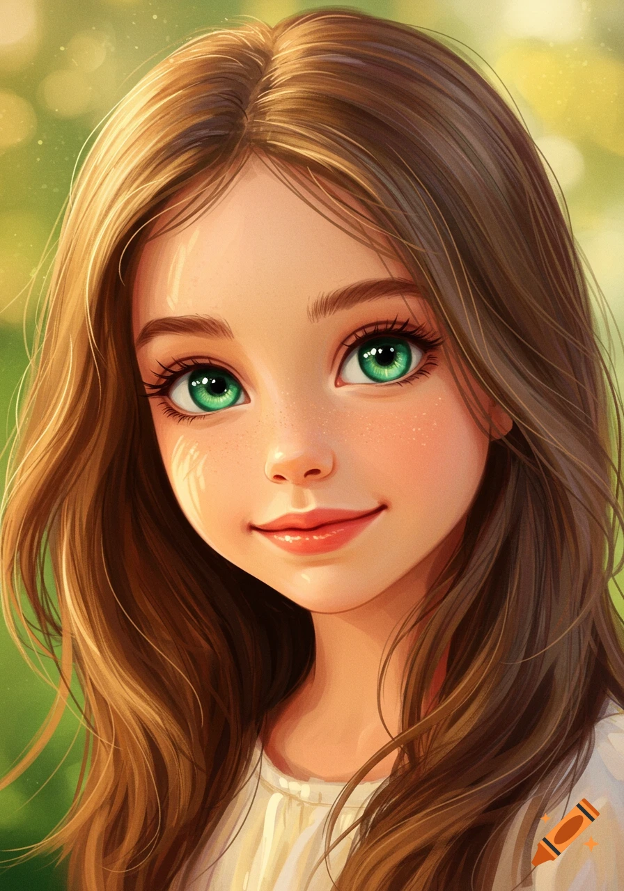 A portrait of a young girl with brown hair and green eyes.