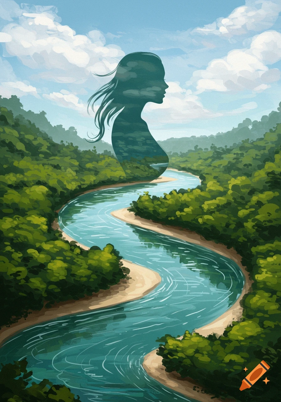 A river winding through a forest is contained within a woman's silhouette.