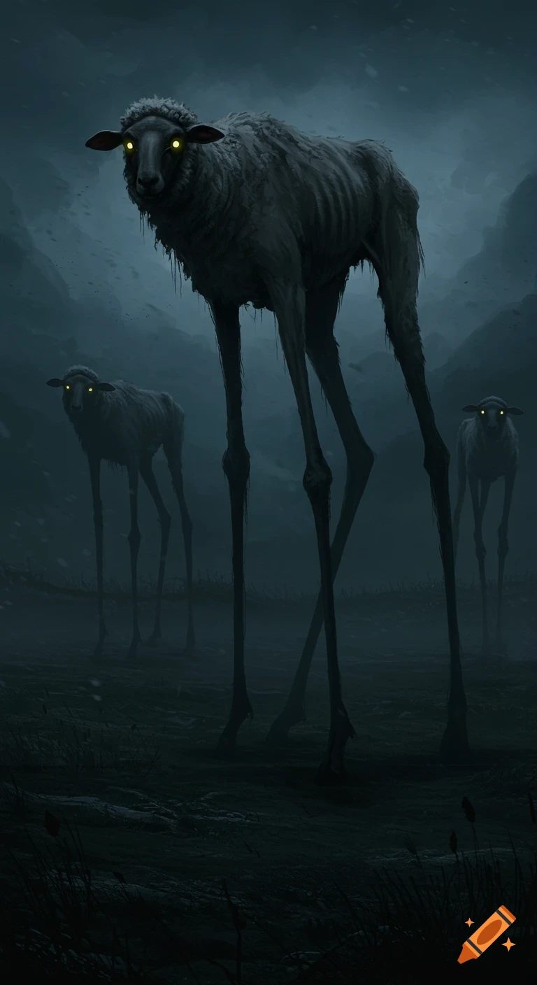 Three tall, skeletal sheep with glowing eyes stand in a misty field.