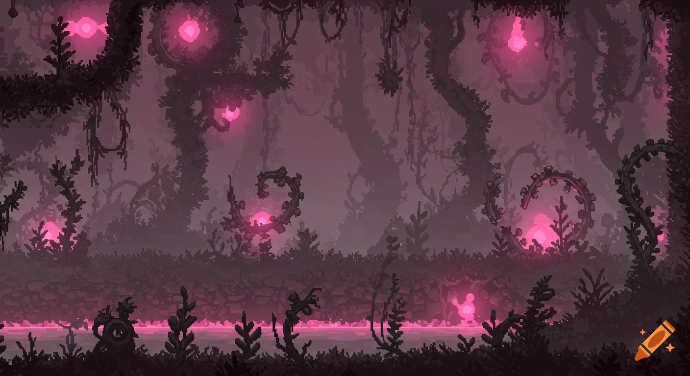 A pixel art scene of a dark, misty alien jungle with glowing pink lights and twisted structures.