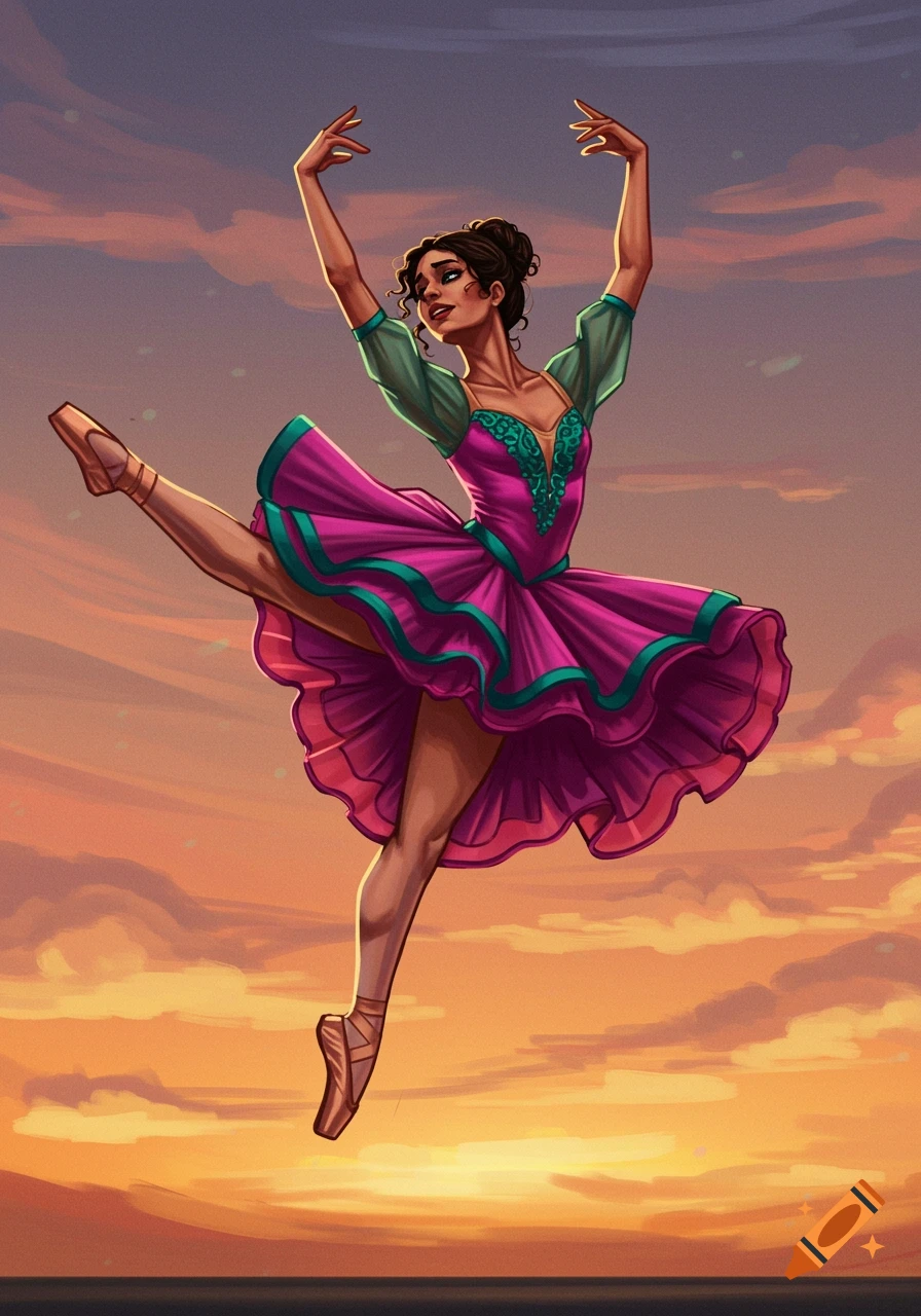 A ballerina in a pink and green dress dances in a leap against a sunset sky.