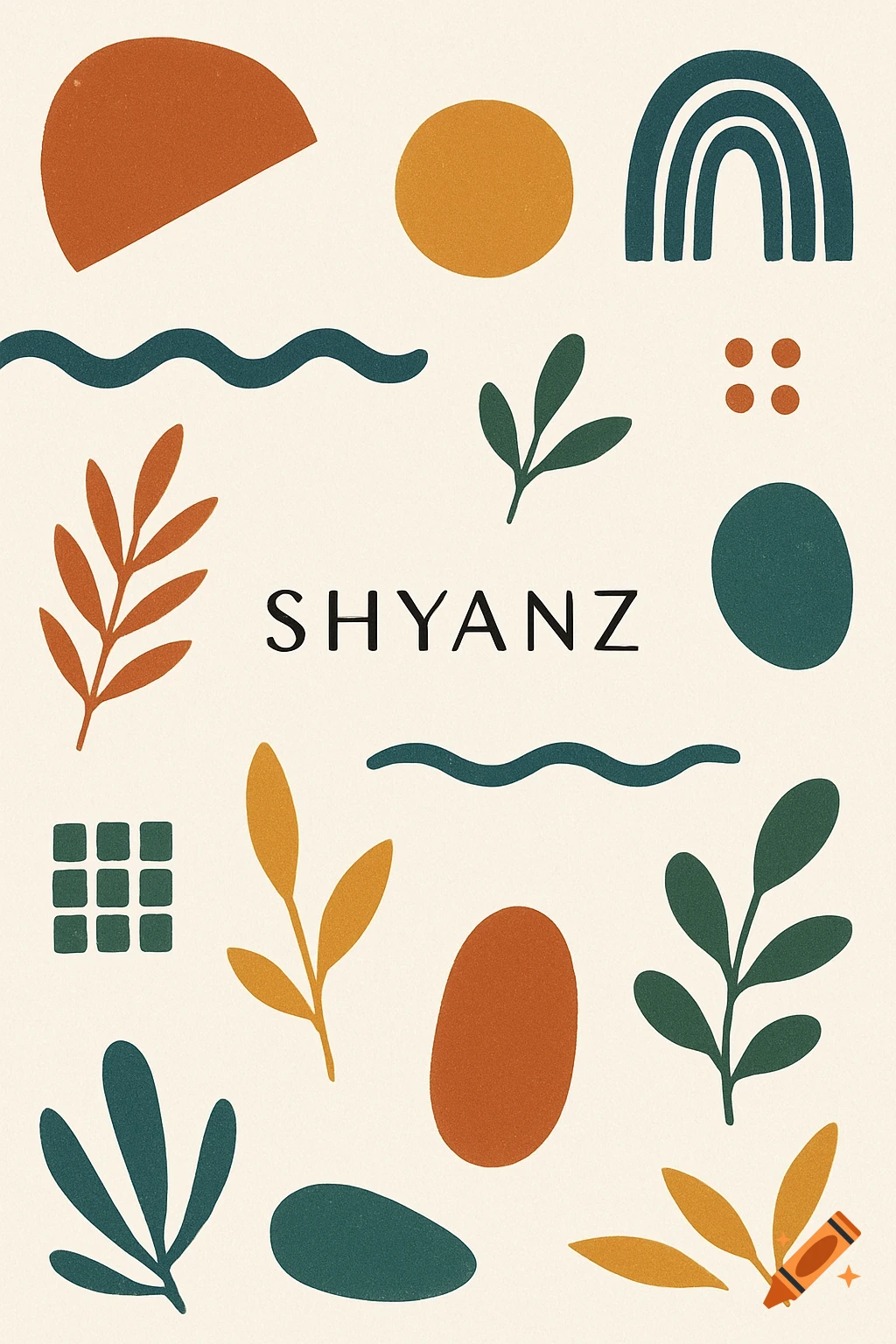 Abstract pattern design with various shapes, leaves, and the text 'SHYANZ' on a textured background.