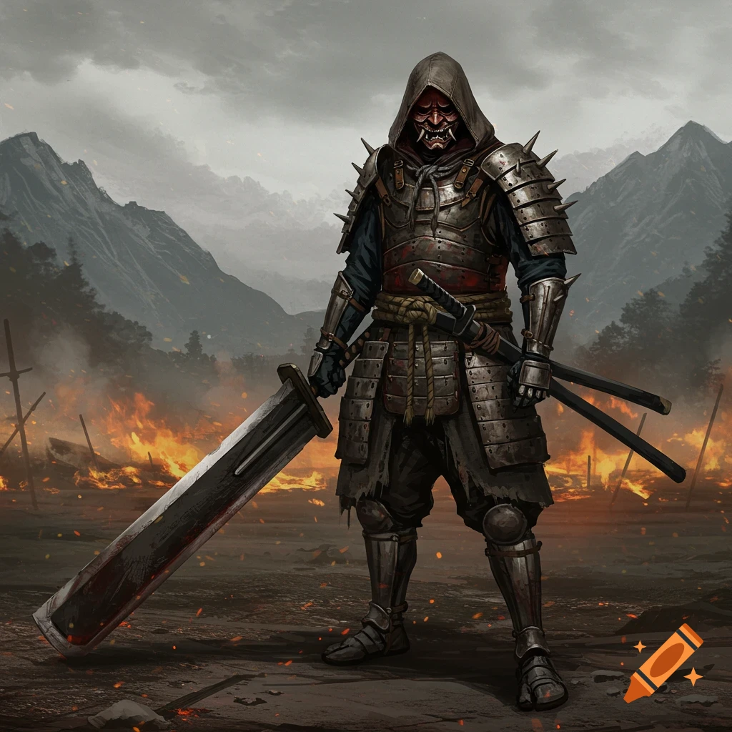A hooded warrior in spiky armor and an oni mask holds a massive sword in a burnt landscape with mountains.