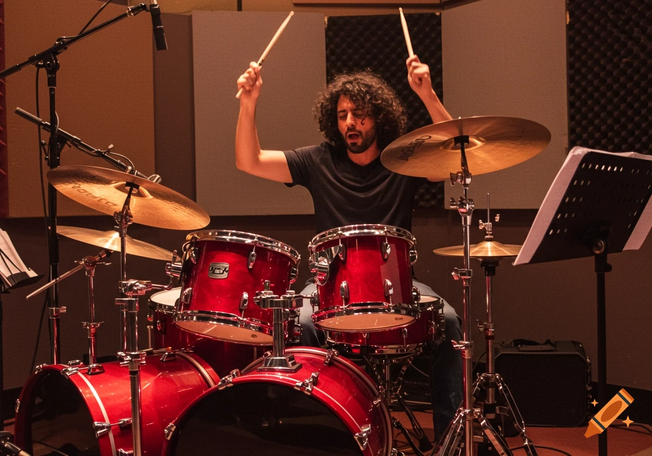 A man plays a red drum set in a recording studio.