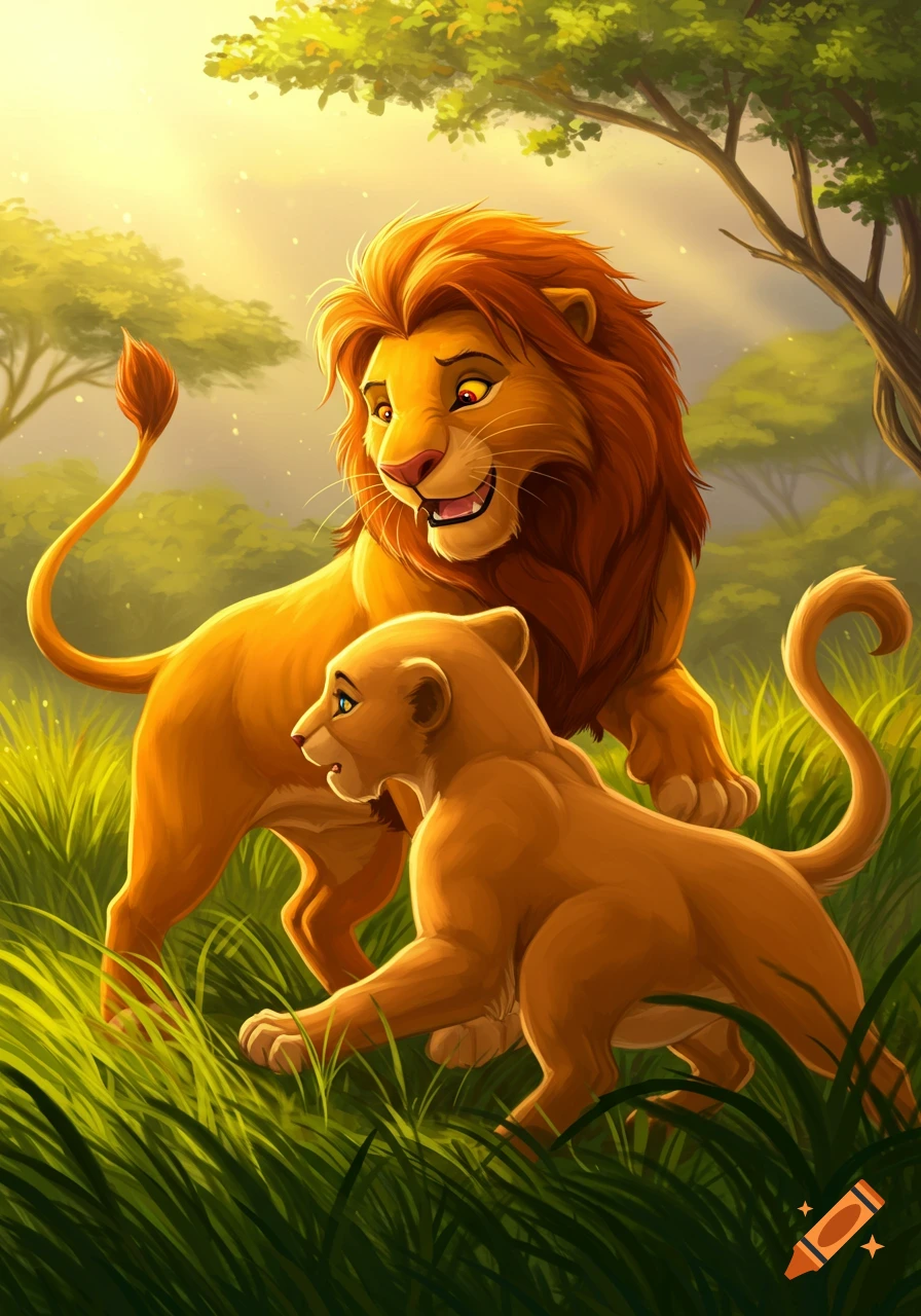 Two animated lions, Simba and Nala, standing in tall grass in a sunny forest clearing.