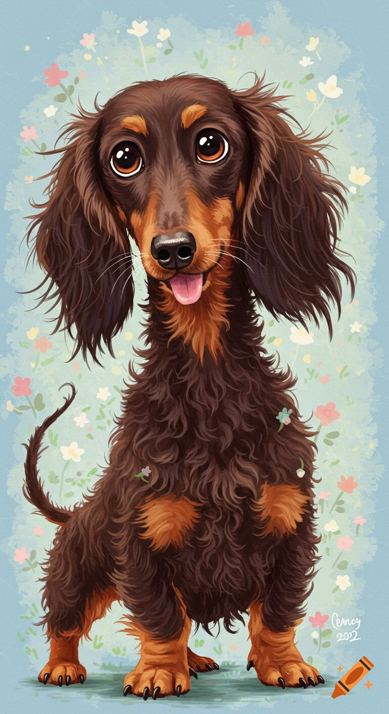A fluffy long-haired dachshund is sitting among flowers.
