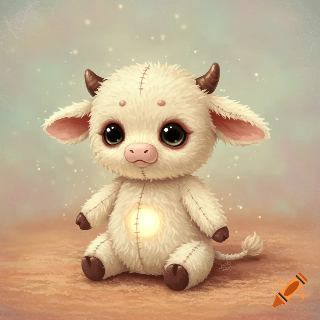 A cute white plush cow toy with big dark eyes and a glowing yellow circle on its chest sits on a textured ground.