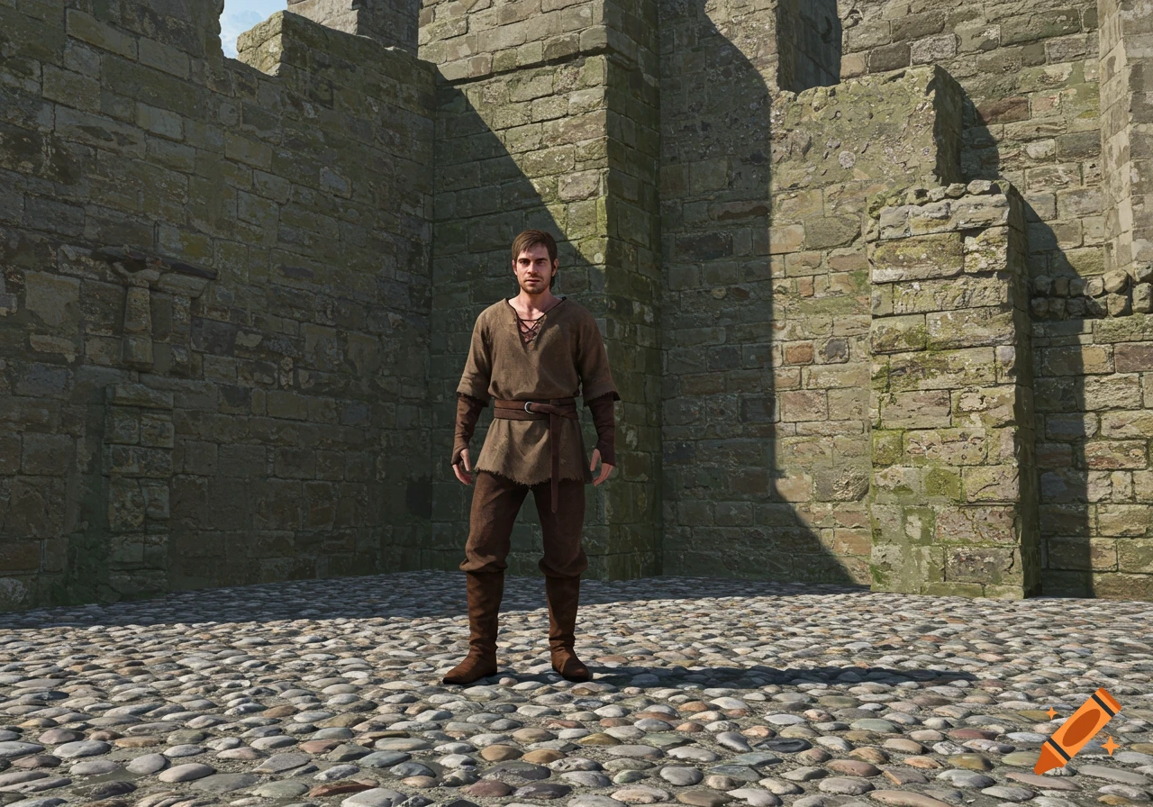 A man in brown medieval-style clothing stands in the courtyard of a ruined stone castle.