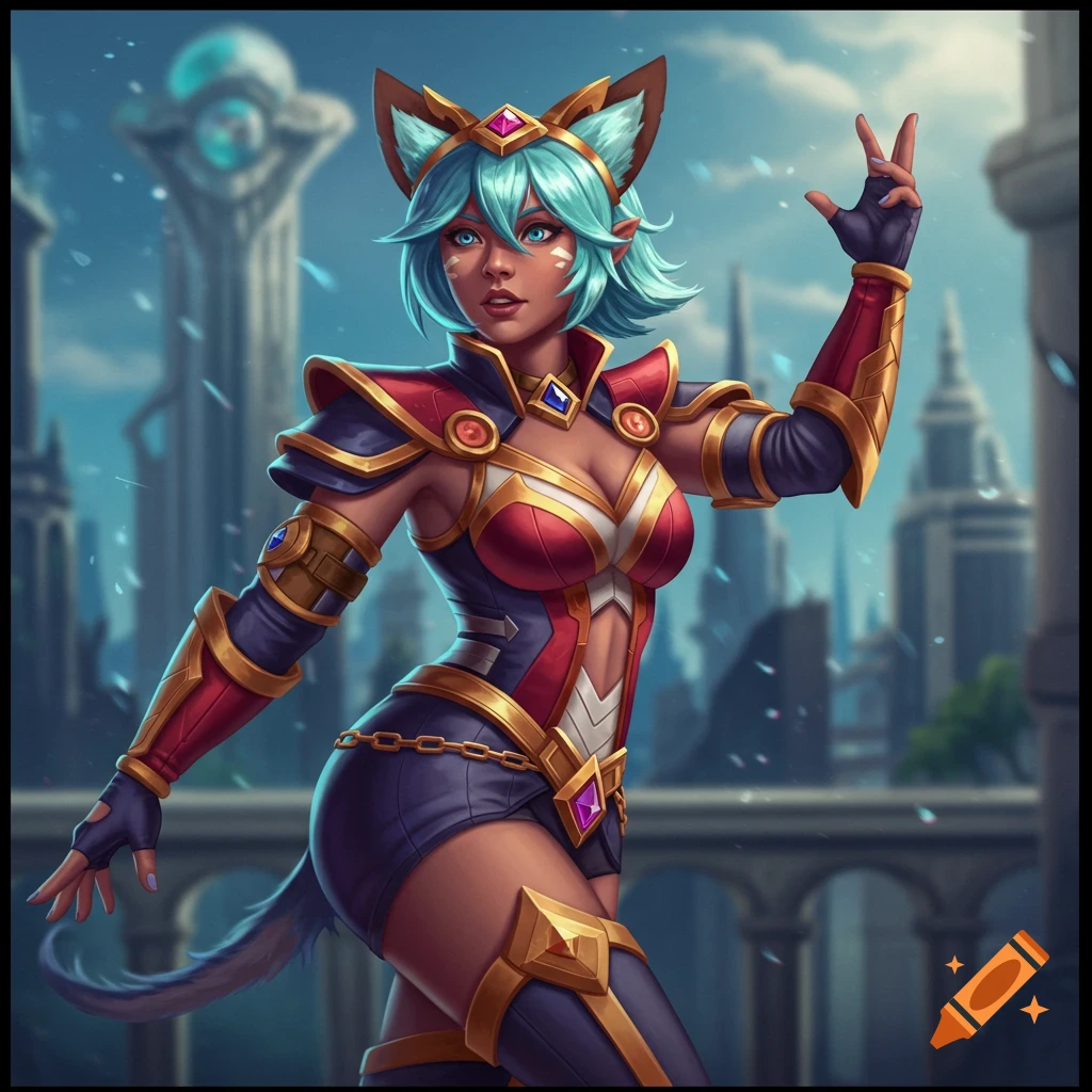 A female fantasy character in armor with cat ears and tail, standing in a city.