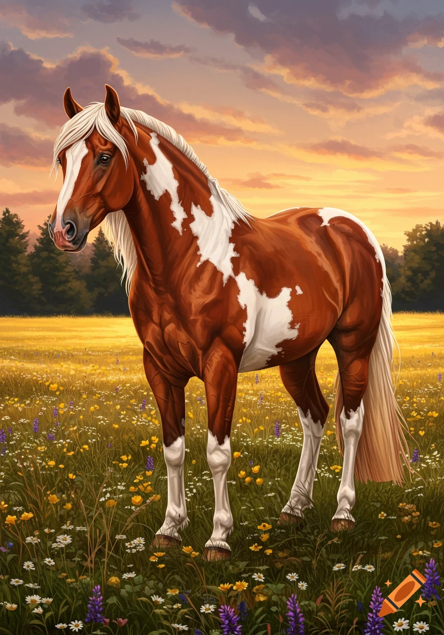 A brown and white paint horse is in a wildflower field at sunset.