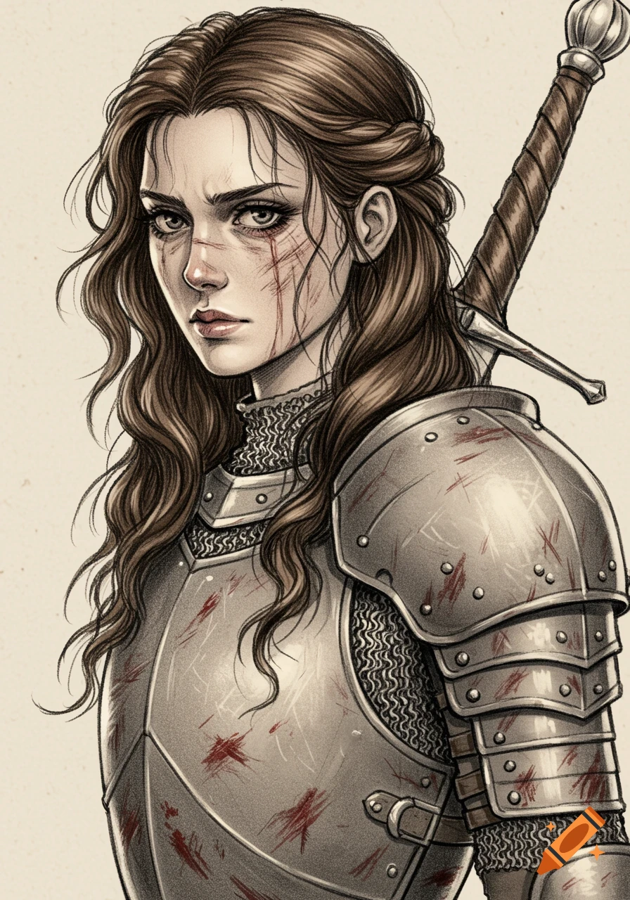 Pencil sketch portrait of a woman warrior in battle-worn armor with a sword on her back.