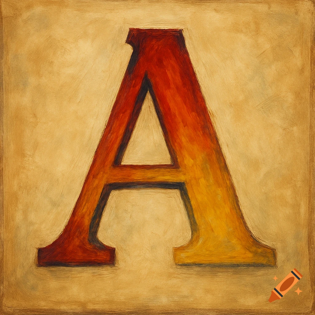 A large stylized letter A in red and yellow on a textured background.