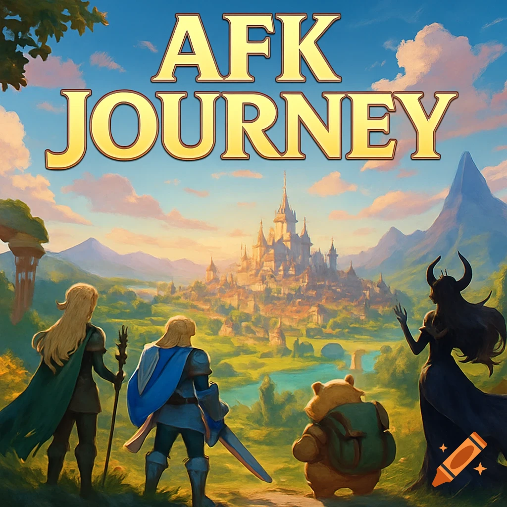Fantasy characters viewing a castle in a landscape with 'AFK JOURNEY' text.