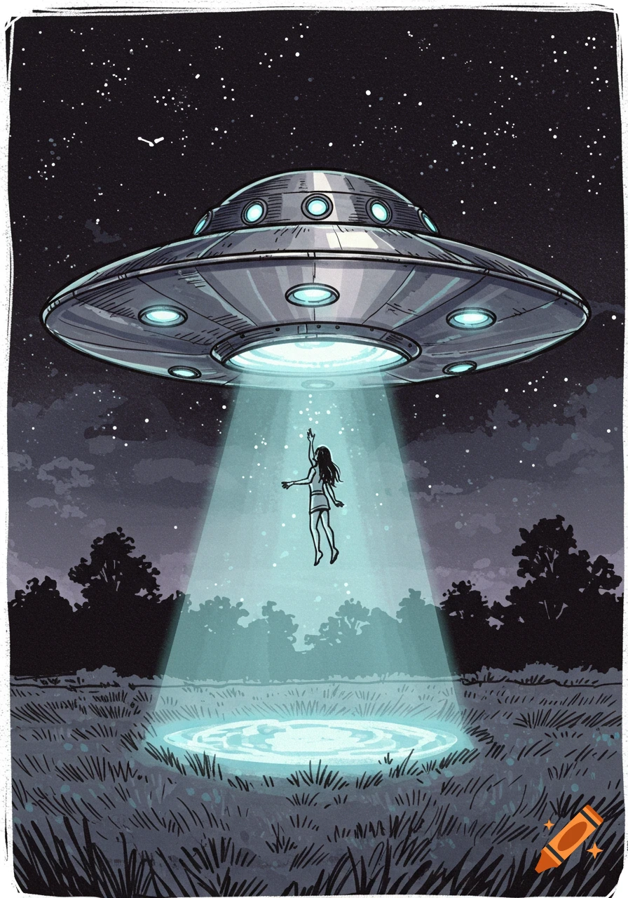 Sketch illustration of a person being beamed up into a hovering UFO at night in a field.