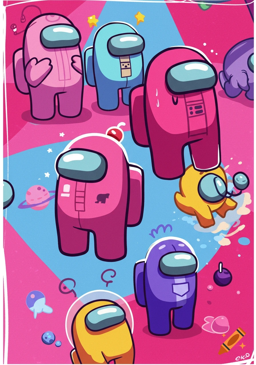 Colorful Among Us characters on a pink and blue background with space elements.