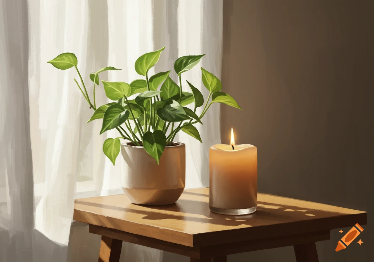 A pothos plant and a lit candle sit on a table near a window with white curtains.