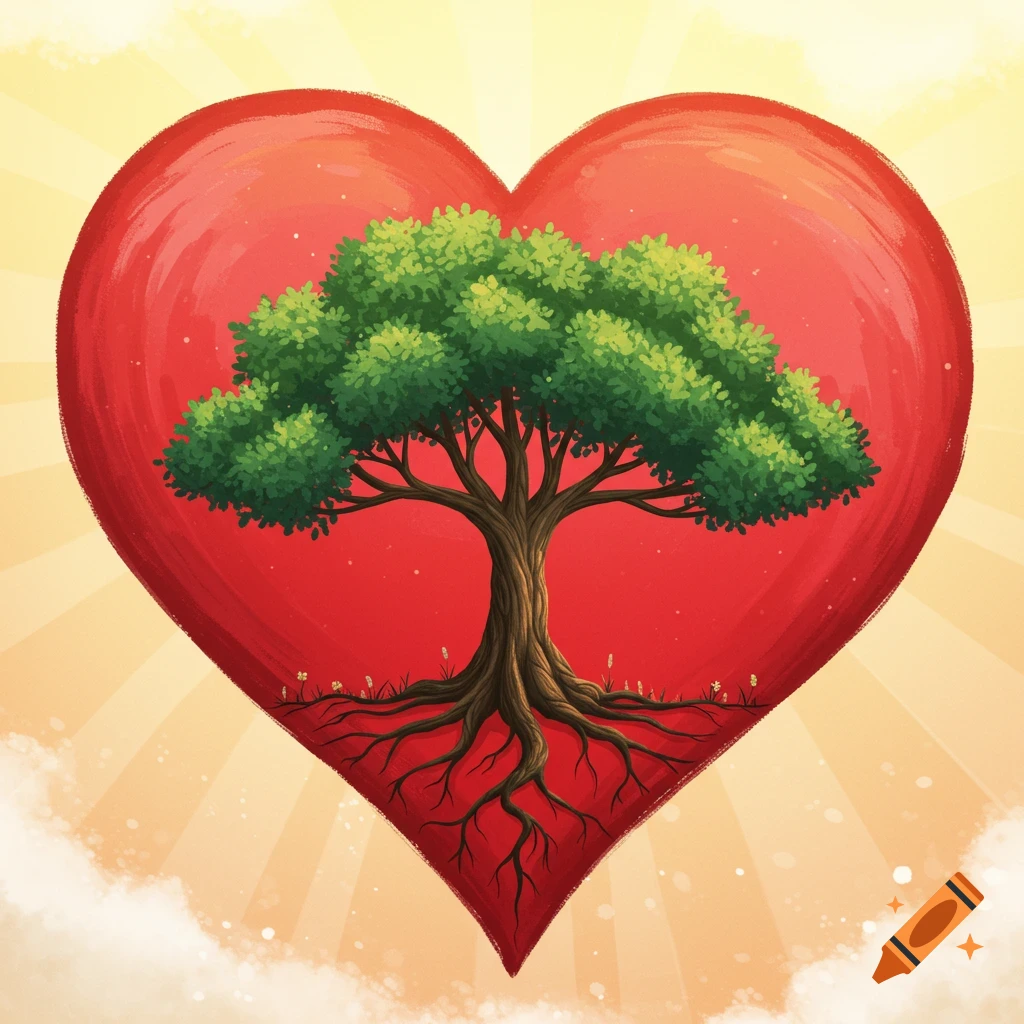 A green tree with roots inside a red heart.