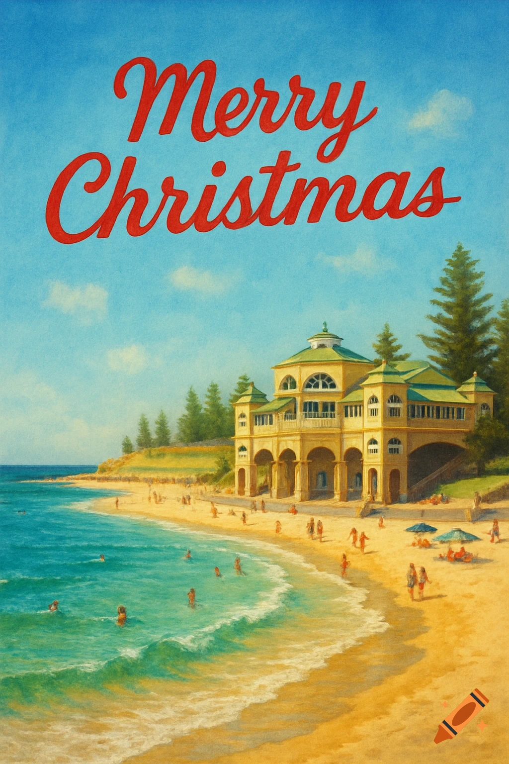 A beach with people, a building, and the words Merry Christmas
